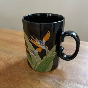 Vintage 1980s Otagiri Bird Of Paradise Mug Cup Ceramic Black Flower Glossy